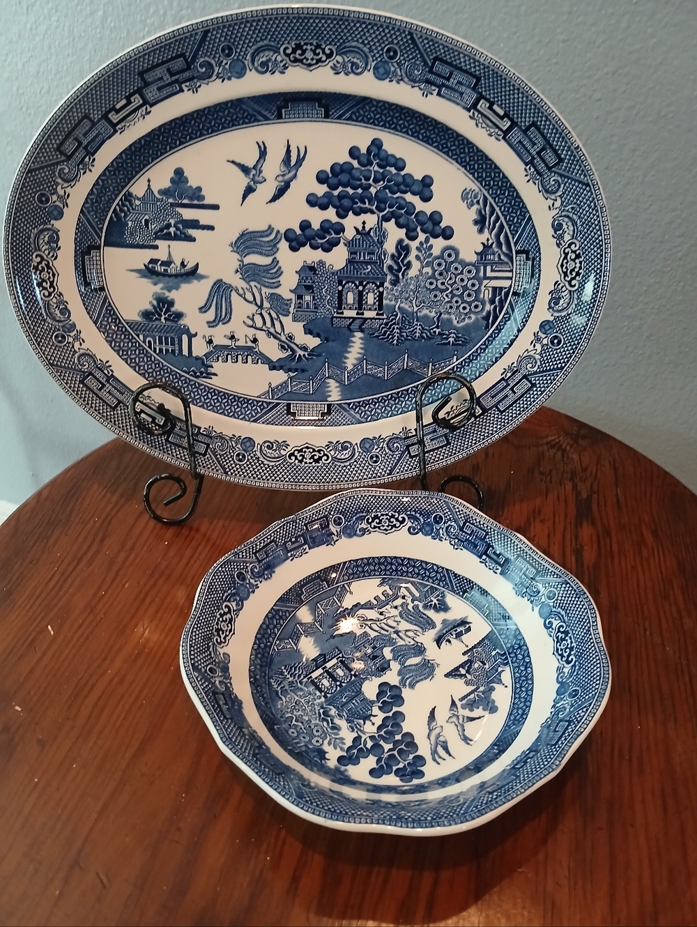 Vintage Johnson Bros Blue Willow 12 1/4" Oval Platter and 7.5 "  Sq Bowl